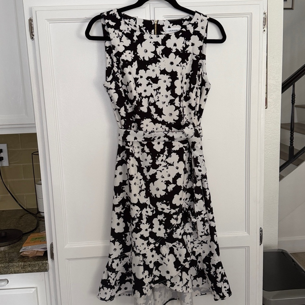 Calvin Klein Black and White Floral High-Low Dress